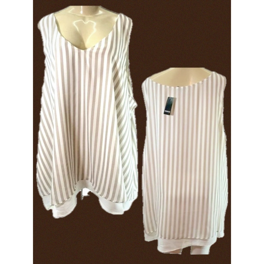 Torrid 5X Beige White Striped Sleeveless Chiffon Double Layer Blouse V-Neckline